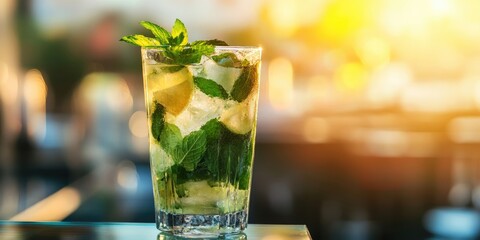 Mojito cocktail in a tall glass with mint and lime on a reflective glass table surrounded by warm sunlight creating a refreshing summer vibe