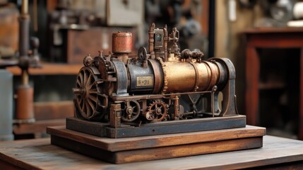 Fototapeta premium A vintage engine with aged brass and iron components, displayed on a wooden platform