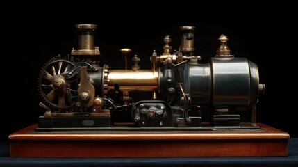 A vintage engine with aged brass and iron components, displayed on a wooden platform