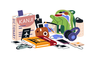 Travel composition with dictionary, open hand luggage for journey in Japan. Tourism items for trip. Backpack, baggage, things for vacation tour. Flat isolated vector illustration on white background