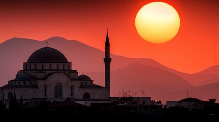Mosque silhouette at sunset with mountains.