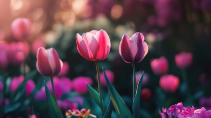 Obraz premium Vibrant pink tulips bloom in a garden during springtime at sunset, creating a magical atmosphere