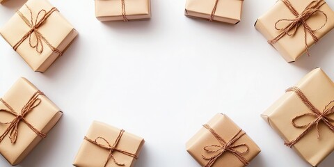Presents in beige paper boxes with brown twine arranged in a circular layout on a white background ideal for text placement