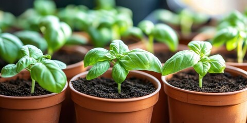 Basil seedlings in terracotta pots with rich soil arranged in rows vibrant green leaves under natural light spring gardening theme