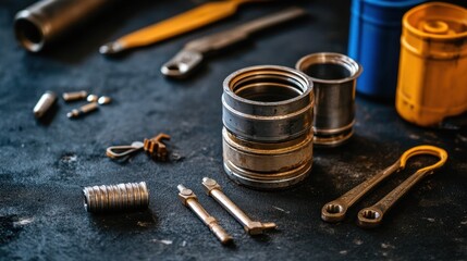 Close-up of engine pistons and crankshaft on a black surface with scattered tools