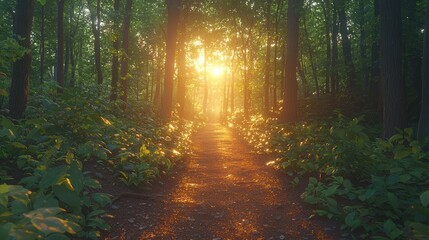 Obraz premium Sunlit Forest Path, Morning Haze, Nature Walk