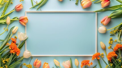 A blank white picture frame with a gold embroidery border centered encircled by tulips and marigolds