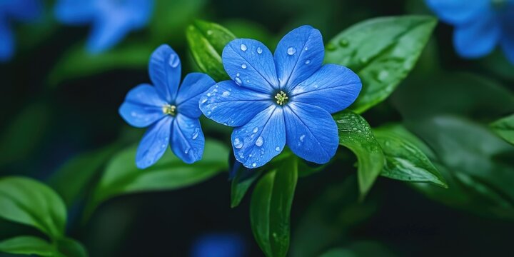 Vibrant blue Tweedia Oxypetalum flowers with raindrops on petals surrounded by lush green leaves, captured in a close-up composition.