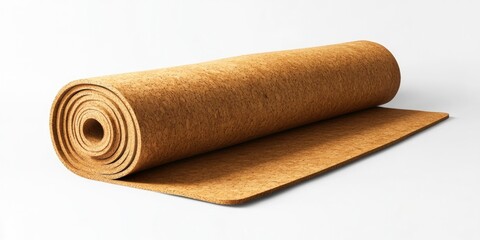 Eco-friendly cork yoga mat rolled on a clean white background showcasing its natural texture with a warm brown color.