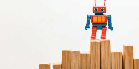Colorful retro robot toy in red and blue positioned atop stacked wooden dominoes against a white background with ample copy space for text.