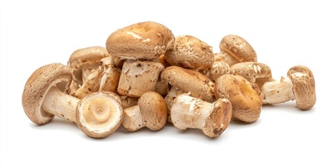 Fresh raw brown champignons piled on a white background with selective focus highlighting their textured caps and stems in natural earthy tones.