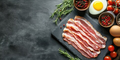 Sliced raw beef bacon on dark slate with cherry tomatoes, eggs, herbs and spices. Aerial view with ample dark concrete background space.