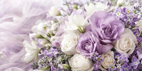 Bouquet of lilac and white roses and flowers arranged elegantly on a soft lilac background emphasizing romance and tenderness in design