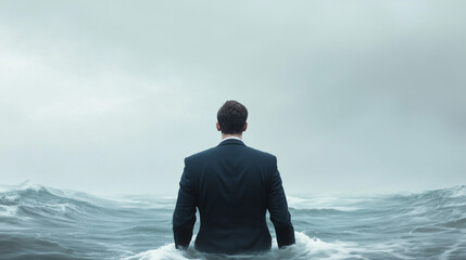Fototapeta premium Businessman Facing Storm: A lone businessman, seen from behind, stands waist-deep in turbulent ocean waves, his suit symbolizing vulnerability amidst a powerful storm.