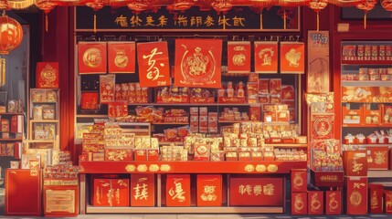 Obraz premium A vibrant market stall filled with red envelopes of various designs, featuring golden calligraphy and symbols of luck. The lively scene captures the essence of Chinese New Year shopping.