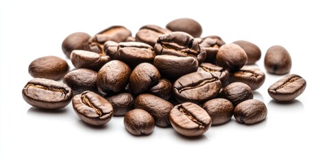 Fototapeta premium Roasted coffee beans scattered in a pile on a reflective white surface featuring rich brown tones and varying sizes for a vibrant food display