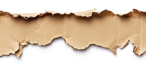 Fototapeta premium Ripped cardboard edge on a clean white background displaying various shades of brown textured layers highlighting irregular patterns and jagged ends