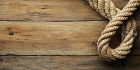 Obraz premium Coiled marine rope resting on a textured wooden surface with warm brown tones and distinct grain patterns creating a rustic nautical theme