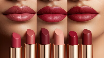 Obraz premium Lipsticks in various shades of red and pink, lined up neatly on a soft beige background