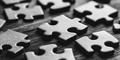 Black and white jigsaw puzzle pieces scattered on a wooden table surface creating a game atmosphere with shadows and textures.