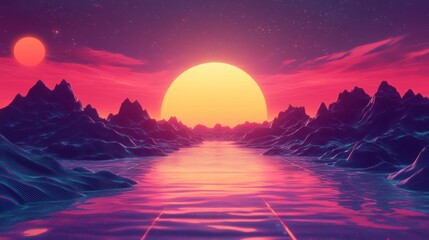 Colorful digital landscape with mountains at sunset reflecting on a calm water surface