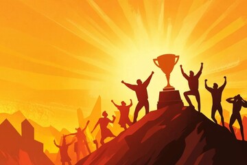 Team Triumph: Silhouette of Victorious Athletes Celebrating on a Mountain Peak at Sunset with a Trophy