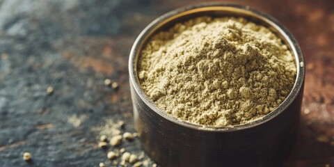 Nutritious green hemp protein powder in a dark wooden bowl on a textured surface highlighting its fine texture and earthy tones ideal for fitness enthusiasts