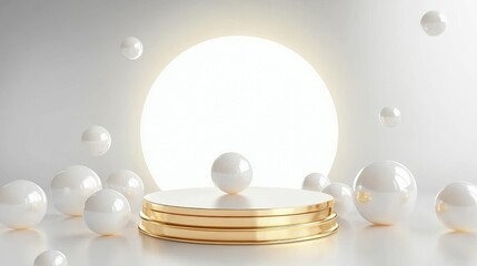 Minimalist stage design with a gold podium and spheres on a white background, soft lighting, high-resolution product display scene, light white color scheme