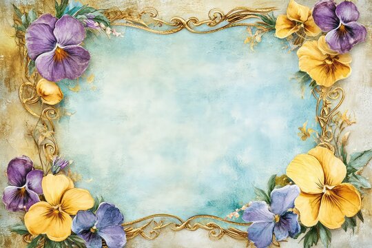 A charming wedding invitation frame with watercolor yellow and purple flowers and a golden border.