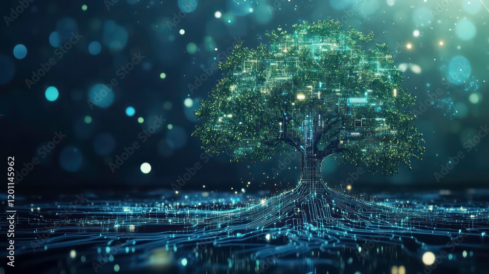 Aufkleber futuristic digital tree with glowing leaves and roots, abstract network concept.