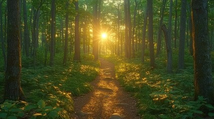 Obraz premium Sunrise path, misty forest, tranquil nature scene, peaceful backdrop