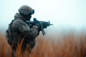 Fototapeta premium Foggy field, army practice drill, soldier in modern combat gear, tension-filled atmosphere, readiness and precision in action