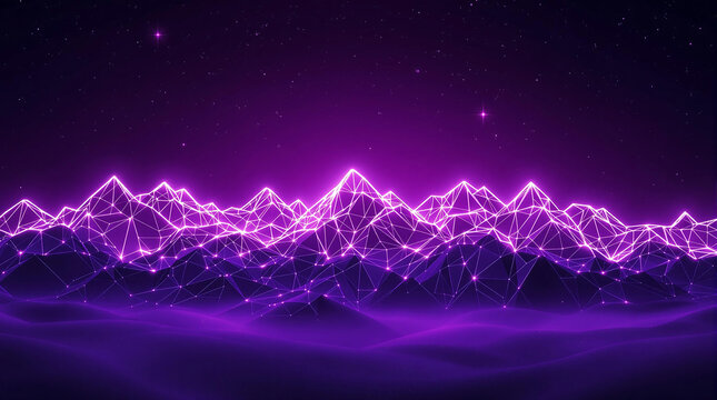 An abstract digital landscape with glowing purple polygonal mountains and a starry sky. An ideal background for tech presentations, futuristic themes, virtual reality concepts, or modern graphic desig