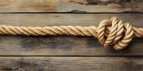 Fototapeta premium Thick, natural woven rope with a knot displayed horizontally on a rustic wooden surface featuring warm brown tones and textured grain patterns.