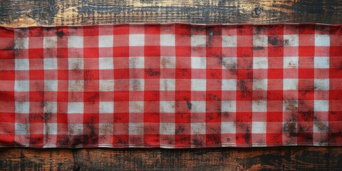 Red checkered tablecloth with white squares centered on a rustic dark wooden surface showcasing a textured finish and visible wear marks.