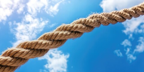 Natural jute rope elegantly suspended against a bright blue sky with fluffy white clouds creating abundant negative space for text or design.