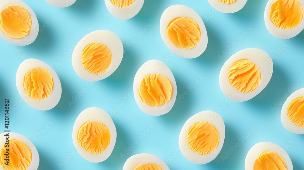 Poster Flat lay of halved hard-boiled eggs arranged in a repeating pattern on a light blue background.