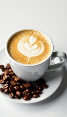 Creamy cafe latte in a cup, beside dark roasted coffee beans on white surface, beans, coffee shop