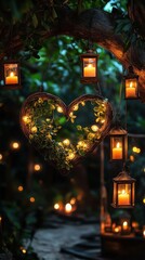 Romantic heart with lanterns in a garden setting.