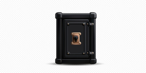 A sturdy safe stands with a striking black finish and brass lock, emphasizing security and classic craftsmanship against a plain white backdrop.