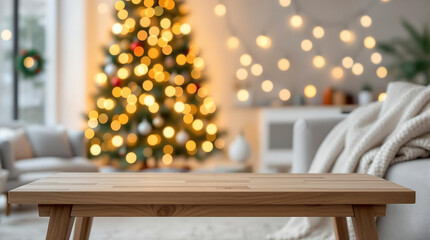 A blurry, festive background with a decorated Christmas tree and lights, featuring a wooden tabletop in focus. This image is excellent for product mock-ups, holiday promotions, seasonal food blogs, or