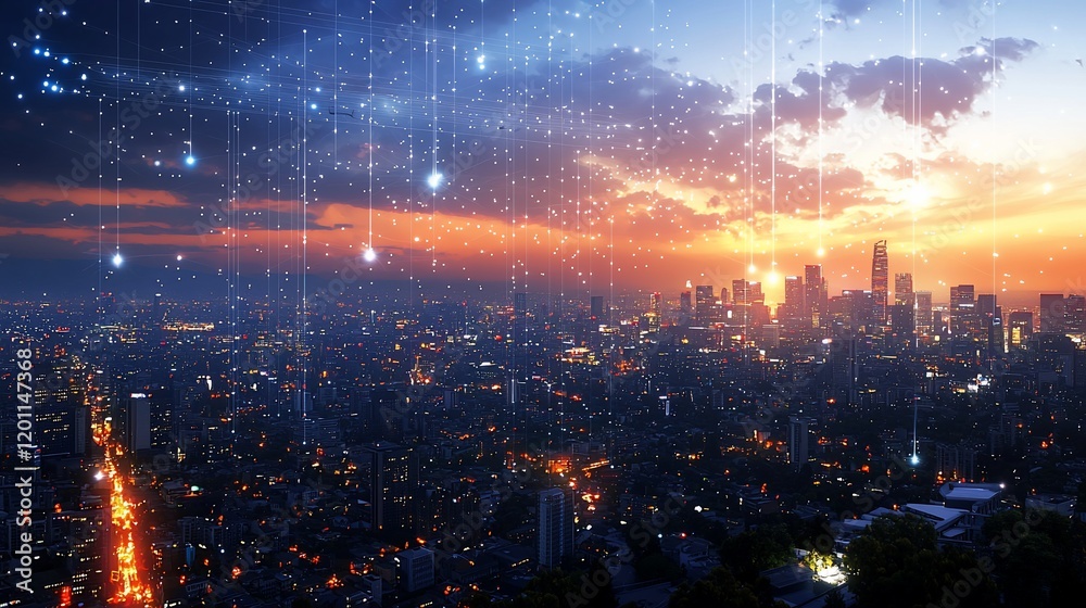 Poster futuristic cityscape at sunset with digital network connections.