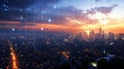 Fototapeta premium Futuristic cityscape at sunset with digital network connections.