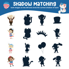 Look the images on the left and circle the correct shadow of each image. Find the correct shadow game for children. Printable activity page for kids Matching shadow game with US Independence Day theme