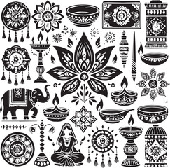 Black Color Diwali Silhouette Vector Illustration, Solid White Background