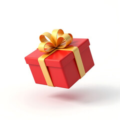 Obraz premium A festive, red gift box with a golden bow, floating on a clean white background. This image is excellent for holiday promotions, birthday invitations, or illustrating themes of surprise and celebratio