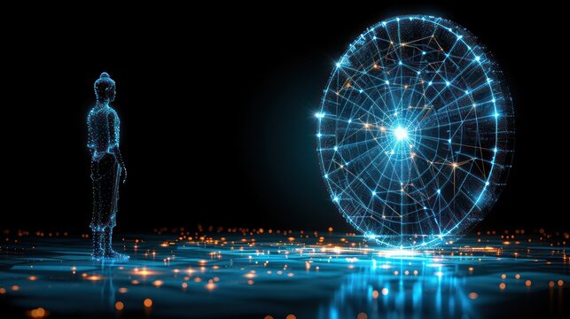 Digital Buddha Contemplating the Wheel of Samsara