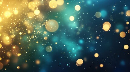 Colorful bokeh background with shimmering light spots in blue and gold hues