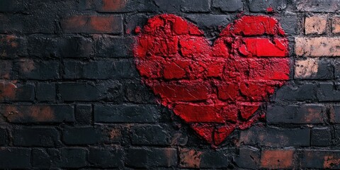 Vibrant red heart painted on a textured black brick wall creating a striking contrast for background and decorative purposes.