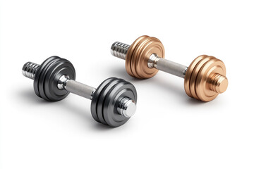 Dumbbell Set Illustration, 3D chrome and rubber finish, fitness equipment design, isolated on white background, ideal for health and wellness themes